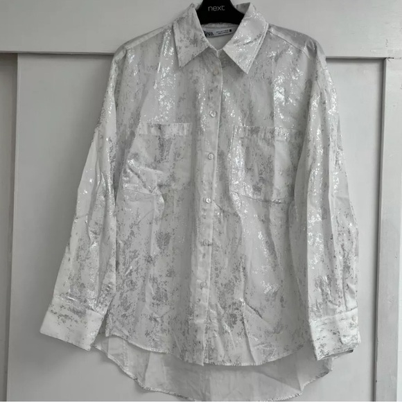 Zara Brushed Silver Metallic Foil White Cotton Button-Up Blouse | S | NWT - Picture 8 of 12